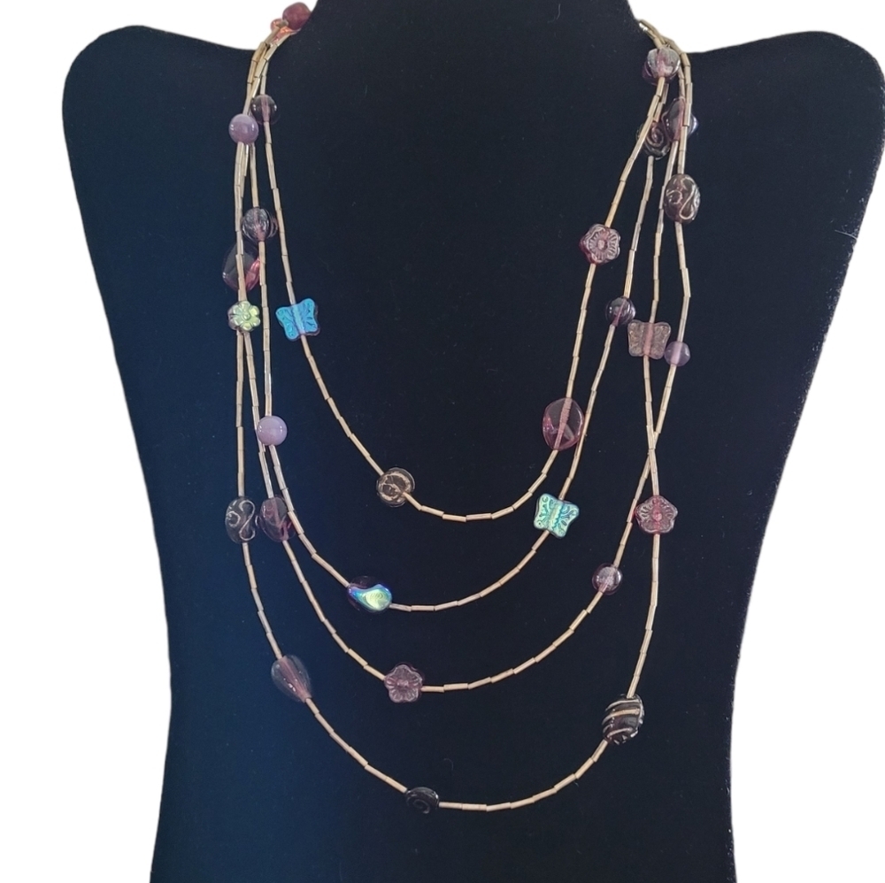 Vintage Sterling Silver Glass Butterfly and Bead Strand Necklace